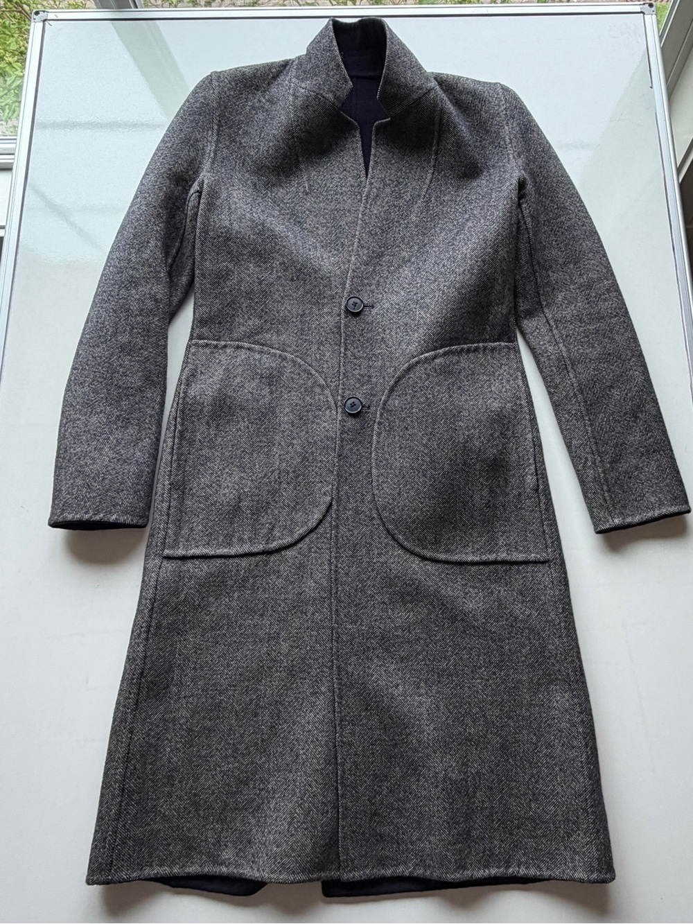 Maison Martin Margiela wool navy gray herringbone reversible open cardigan coat